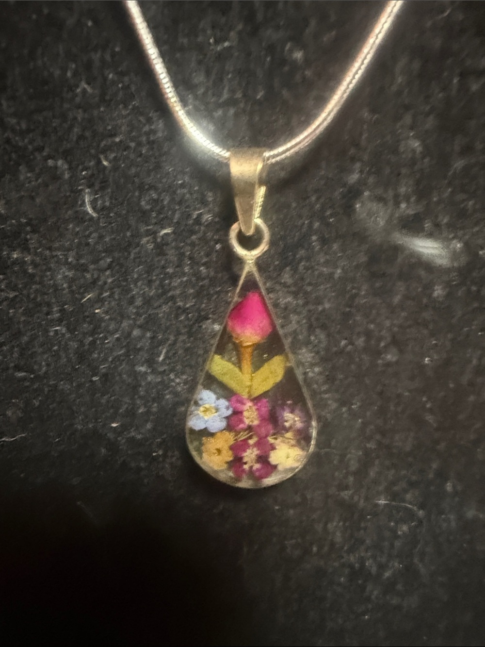 925 Mexico Handmade Pink Floral Resin Teardrop Pendant Necklace